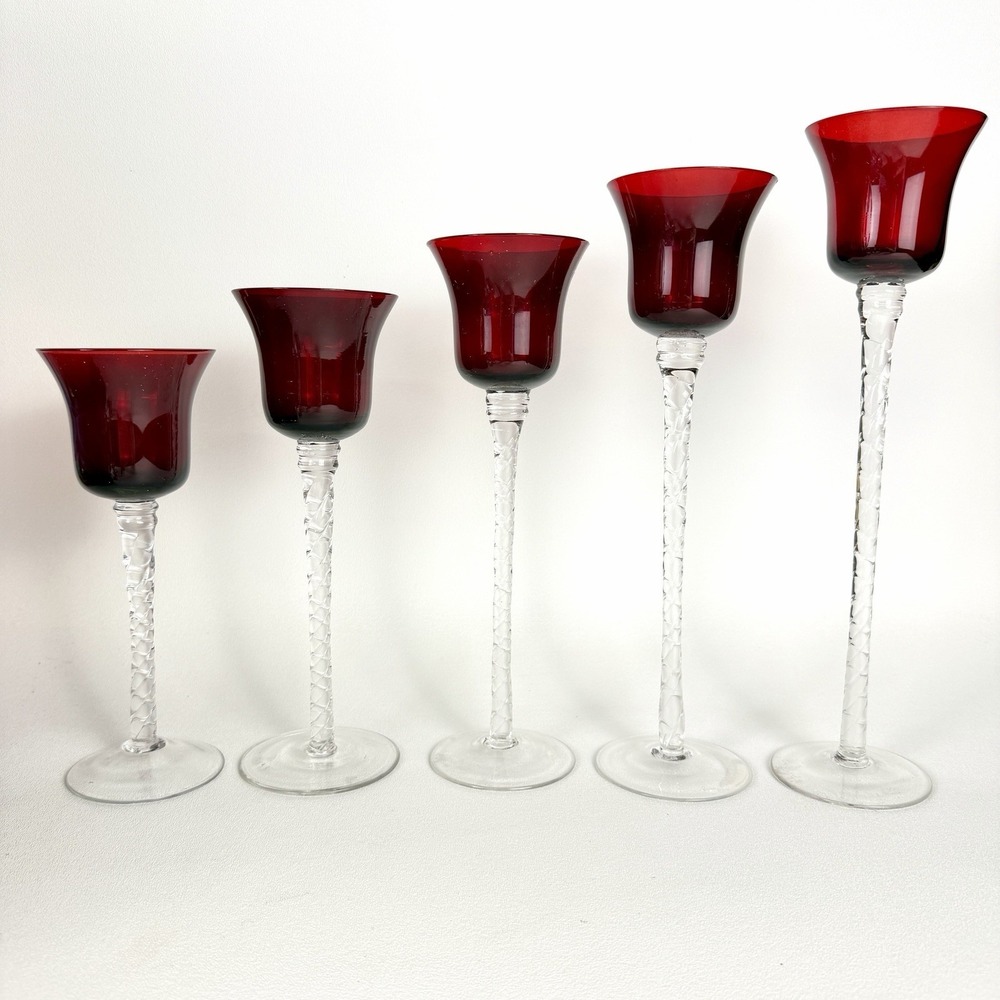 Ruby Red Glass Votive Candle Holder Set 5 Graduated Tiered Clear Twist Stems